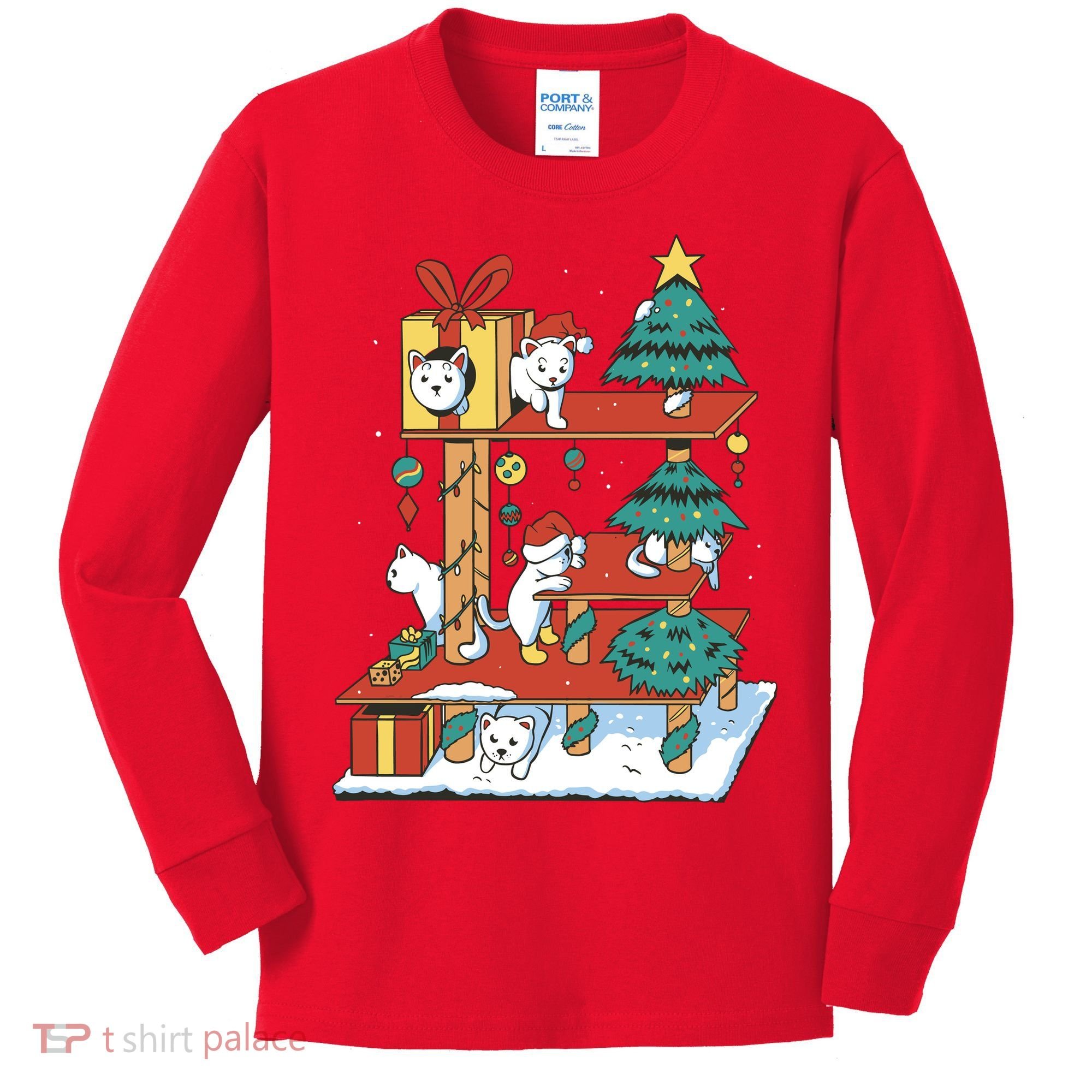 Cathouse Christmas Cat Tree Kids Long Sleeve Shirt