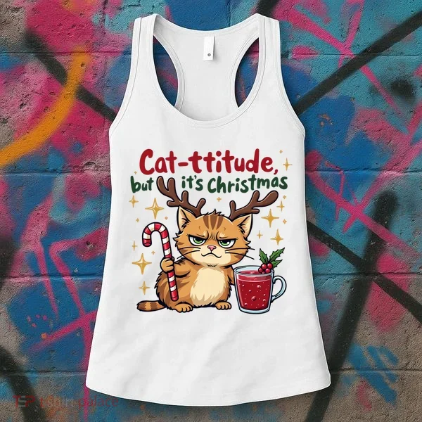 Cat-titude Christmas Cat Grumpy Cattitude Meme Women's Tank Top