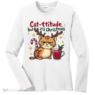 Cat-titude Christmas Cat Grumpy Cattitude Meme Women's Long Sleeve Shirt