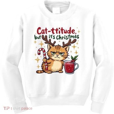 Cat-titude Christmas Cat Grumpy Cattitude Meme Kids Sweatshirt