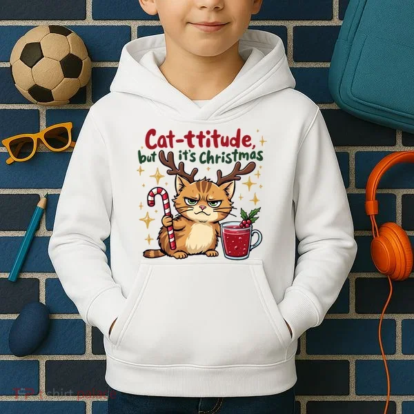 Cat-titude Christmas Cat Grumpy Cattitude Meme Kids Hoodie