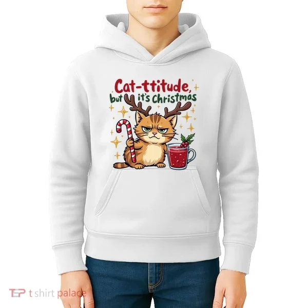 Cat-titude Christmas Cat Grumpy Cattitude Meme Kids Hoodie