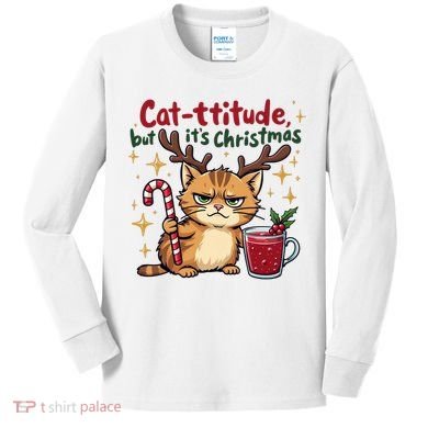 Cat-titude Christmas Cat Grumpy Cattitude Meme Kids Long Sleeve Shirt