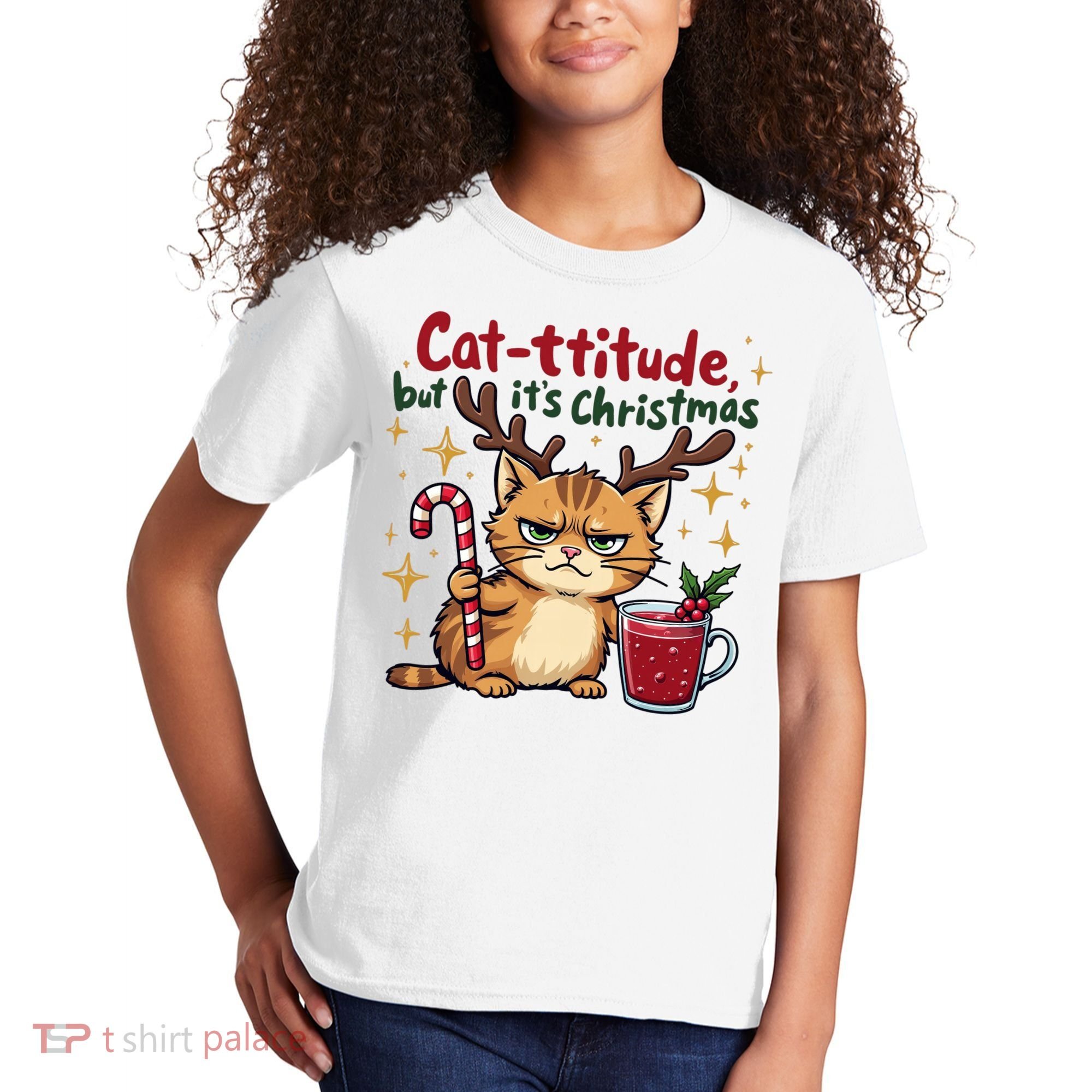 Cat-titude Christmas Cat Grumpy Cattitude Meme Kids T-Shirt