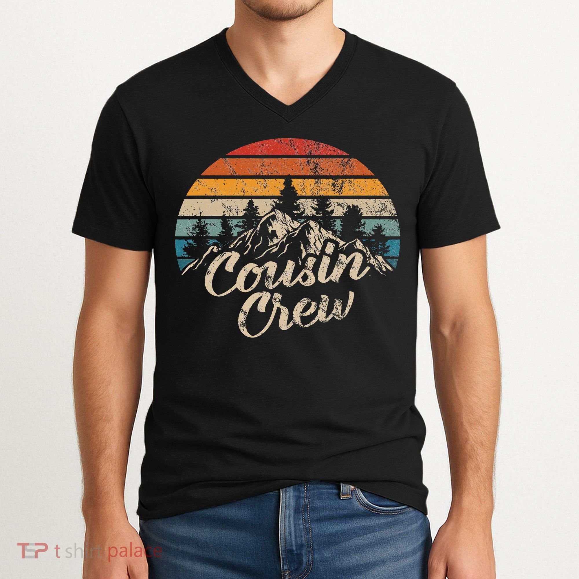 Cousin Crew Camping Outdoor Sunset Summer Camp V-Neck T-Shirt