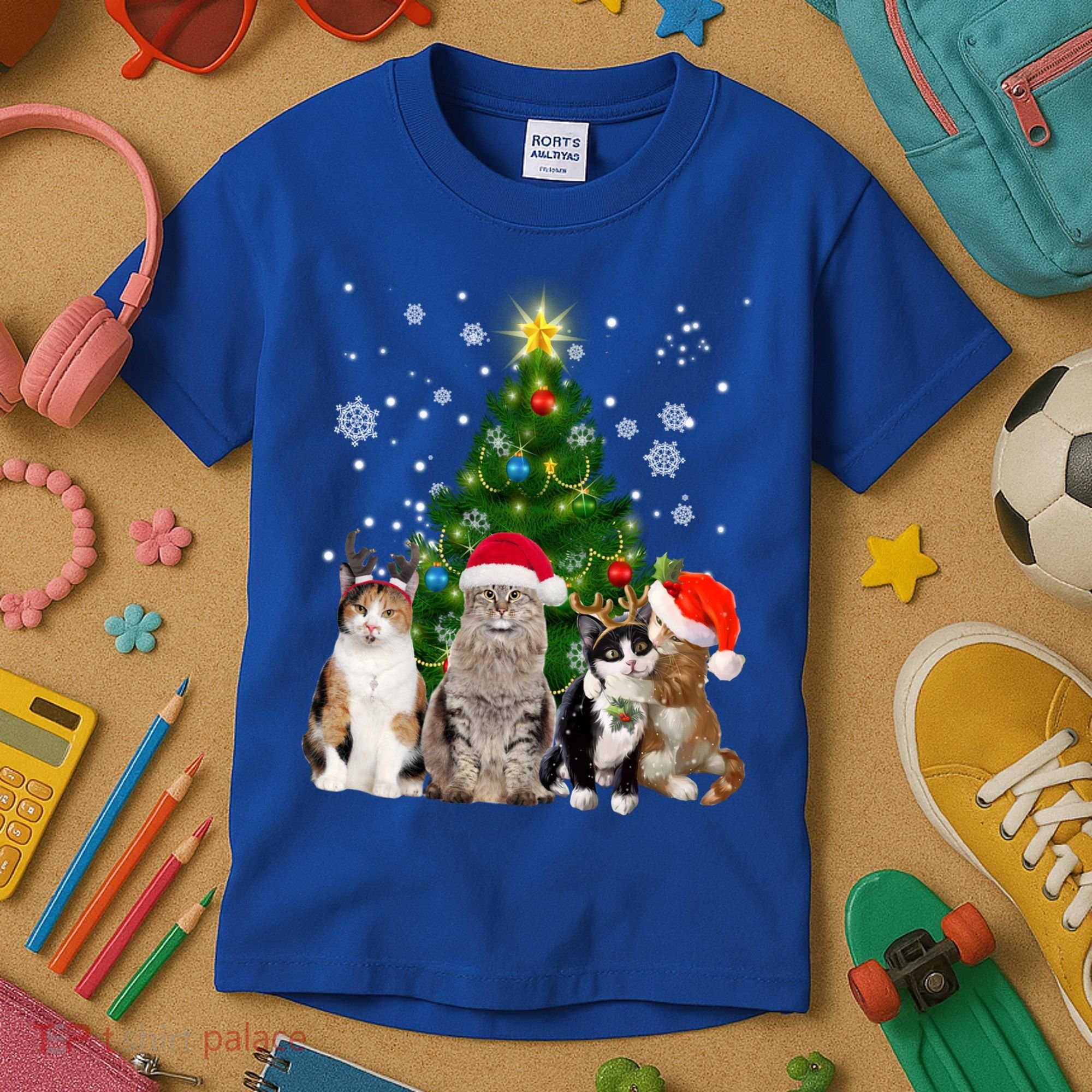 Cute Cat Christmas Tree Cat Lover Xmas Cat Mom Gift Kids T-Shirt