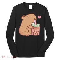 Cute Capybara Drink Boba Tea Capybaras Lover Long Sleeve Shirt thumb 0