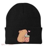 Cute Capybara Drink Boba Tea Capybaras Lover Beanie thumb 0