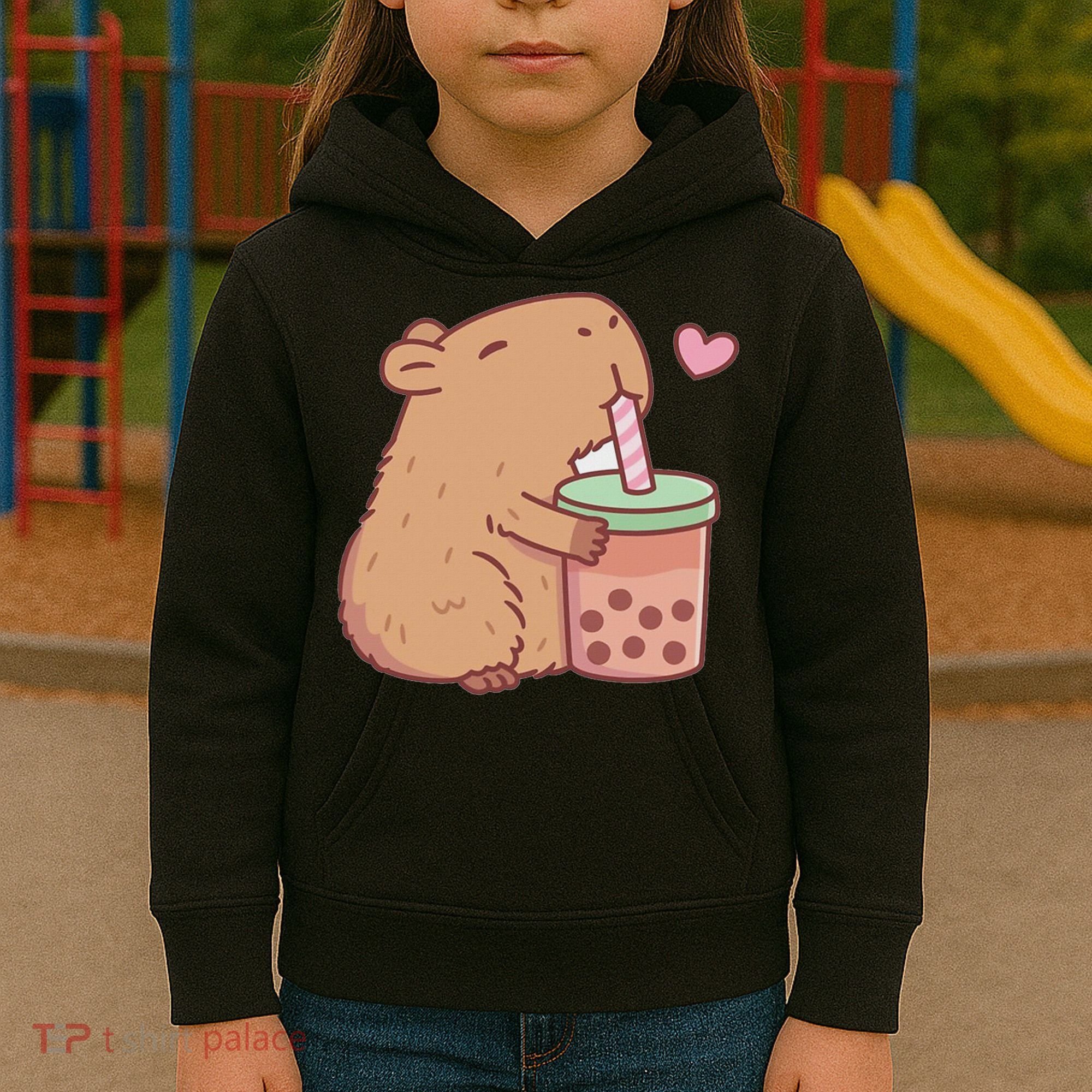 Cute Capybara Drink Boba Tea Capybaras Lover Kids Hoodie