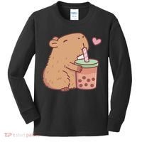 Cute Capybara Drink Boba Tea Capybaras Lover Kids Long Sleeve Shirt thumb 0
