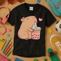 Cute Capybara Drink Boba Tea Capybaras Lover Kids T-Shirt thumb 3