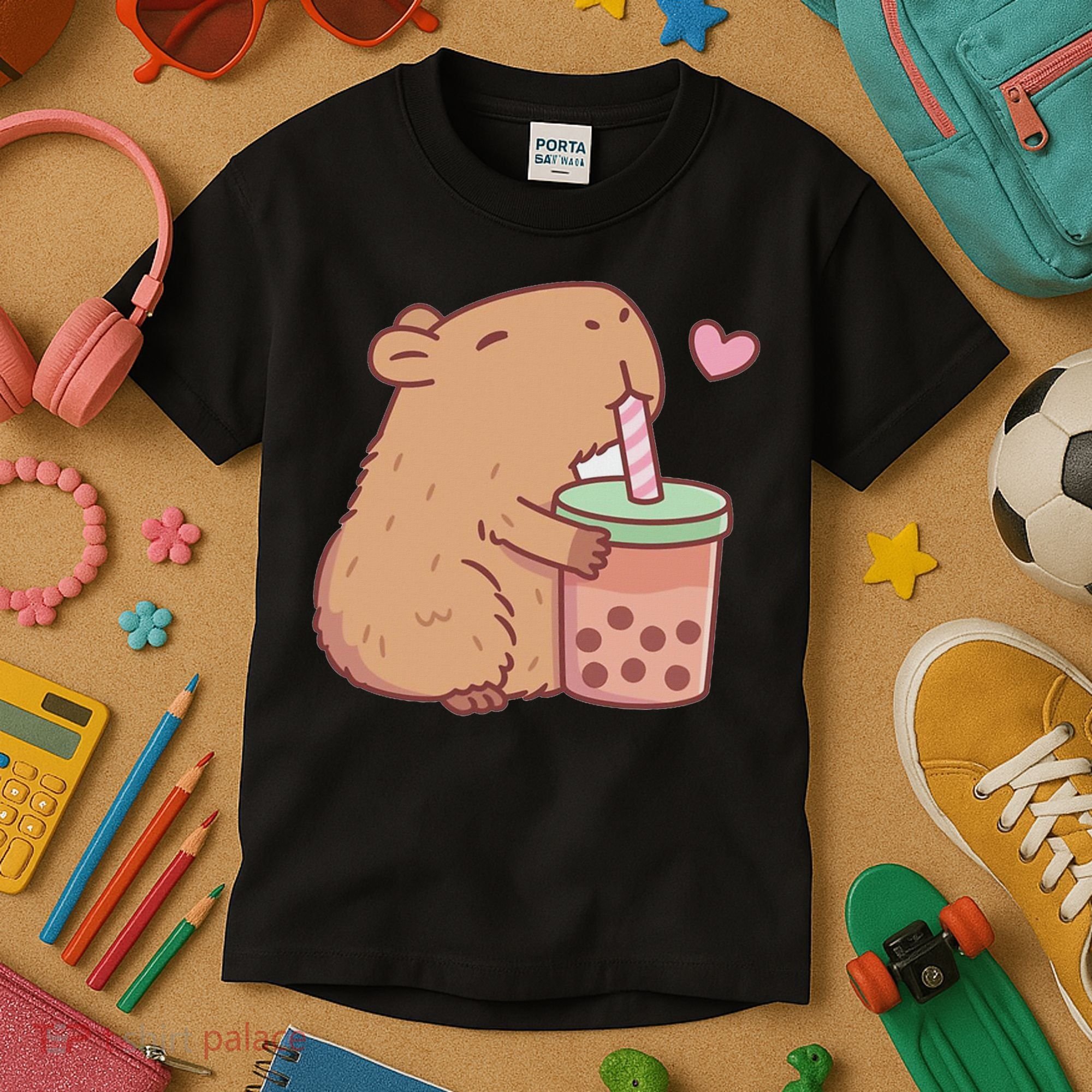 Cute Capybara Drink Boba Tea Capybaras Lover Kids T-Shirt