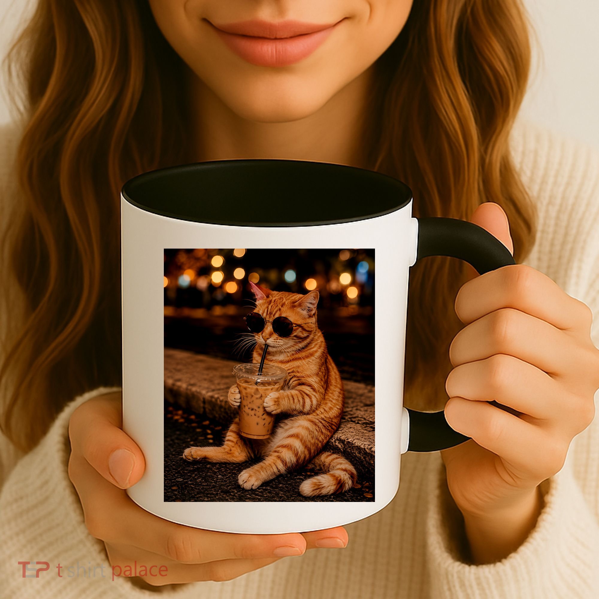 Cool Cat Drinking Iced Coffee with Sunglasses Coffee Mug