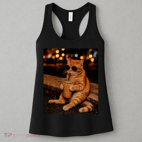 Cool Cat Drinking Iced Coffee with Sunglasses Women's Tank Top