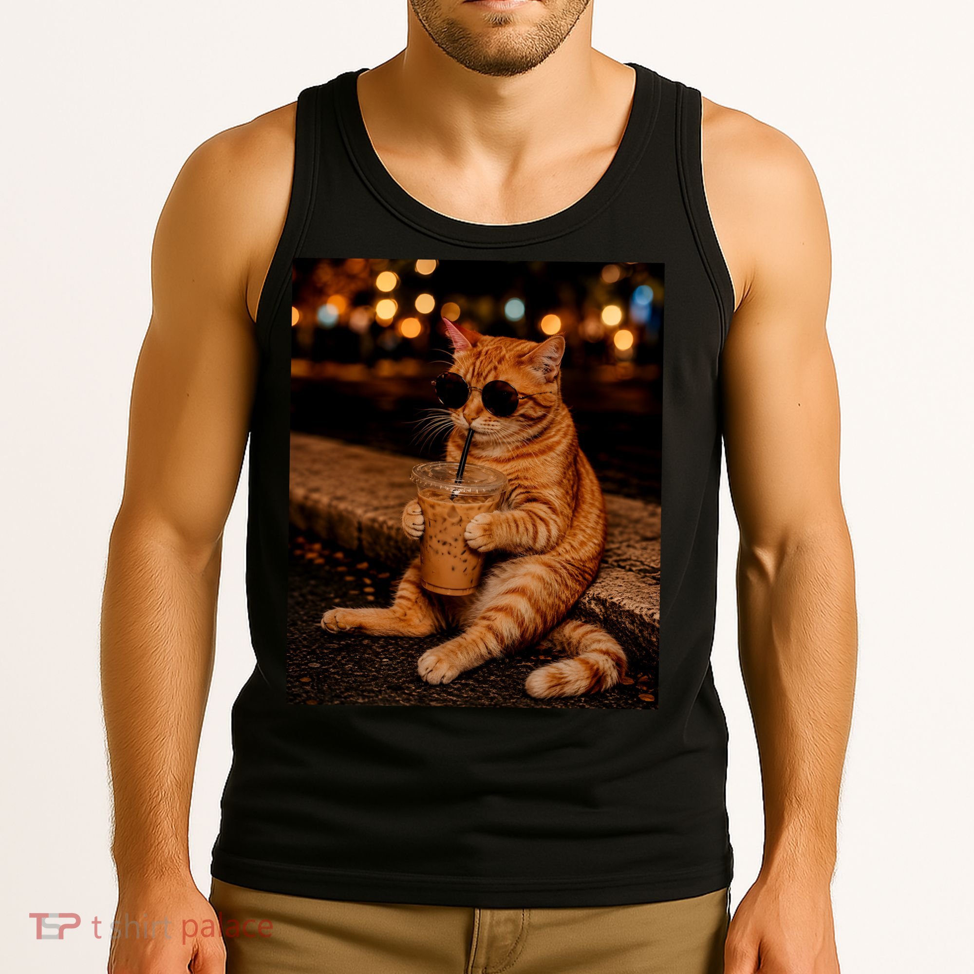 Cool Cat Drinking Iced Coffee with Sunglasses Tank Top