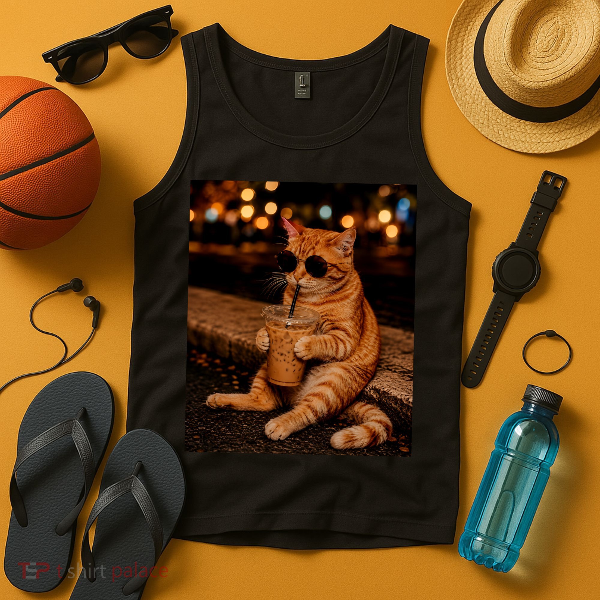 Cool Cat Drinking Iced Coffee with Sunglasses Tank Top