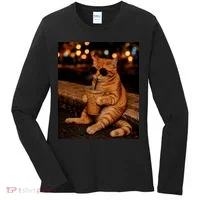 Cool Cat Drinking Iced Coffee with Sunglasses Women's Long Sleeve Shirt thumb 0