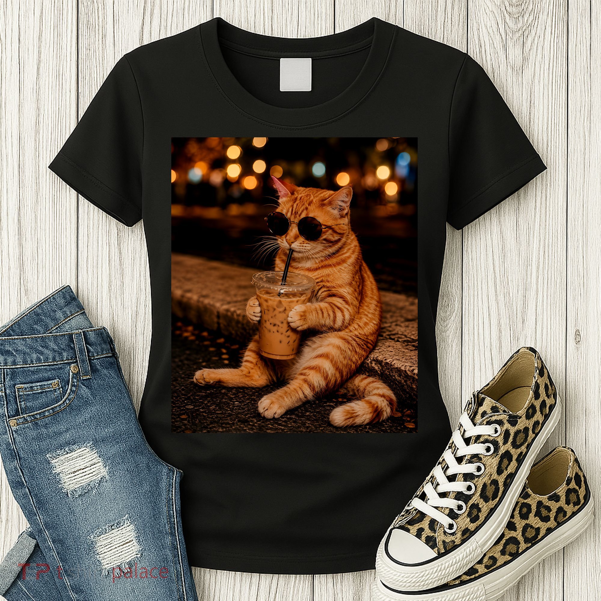 Cool Cat Drinking Iced Coffee with Sunglasses Women's T-Shirt