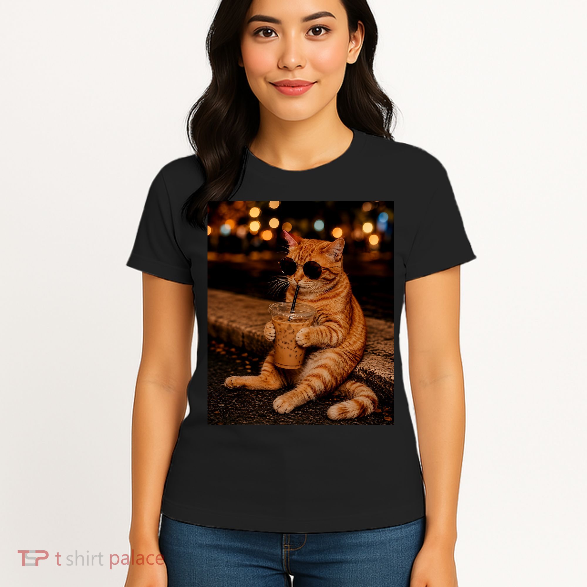 Cool Cat Drinking Iced Coffee with Sunglasses Women's T-Shirt