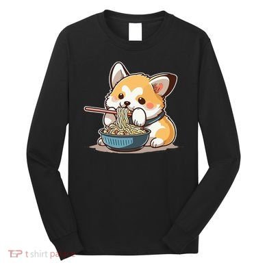 Chubby Corgi Dog Anime Eating Ramen Cute Long Sleeve Shirt