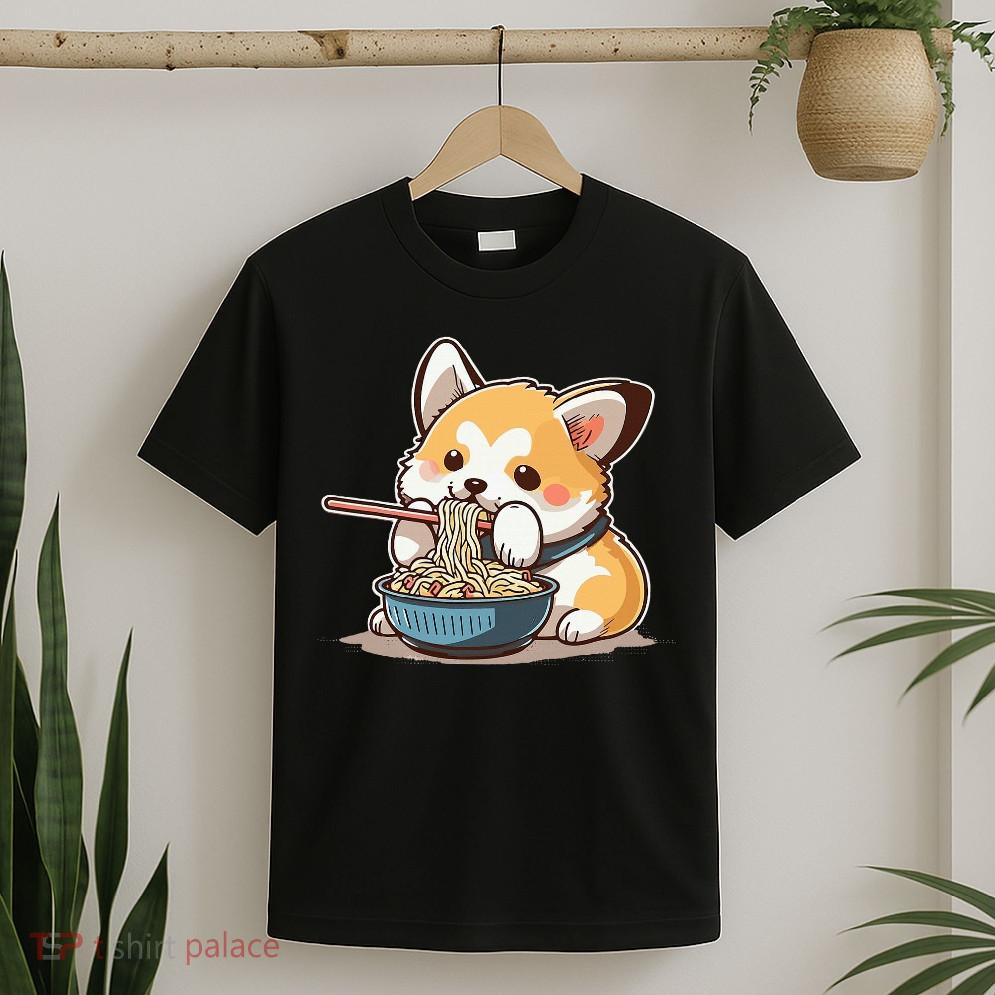 Chubby Corgi Dog Anime Eating Ramen Cute T-Shirt