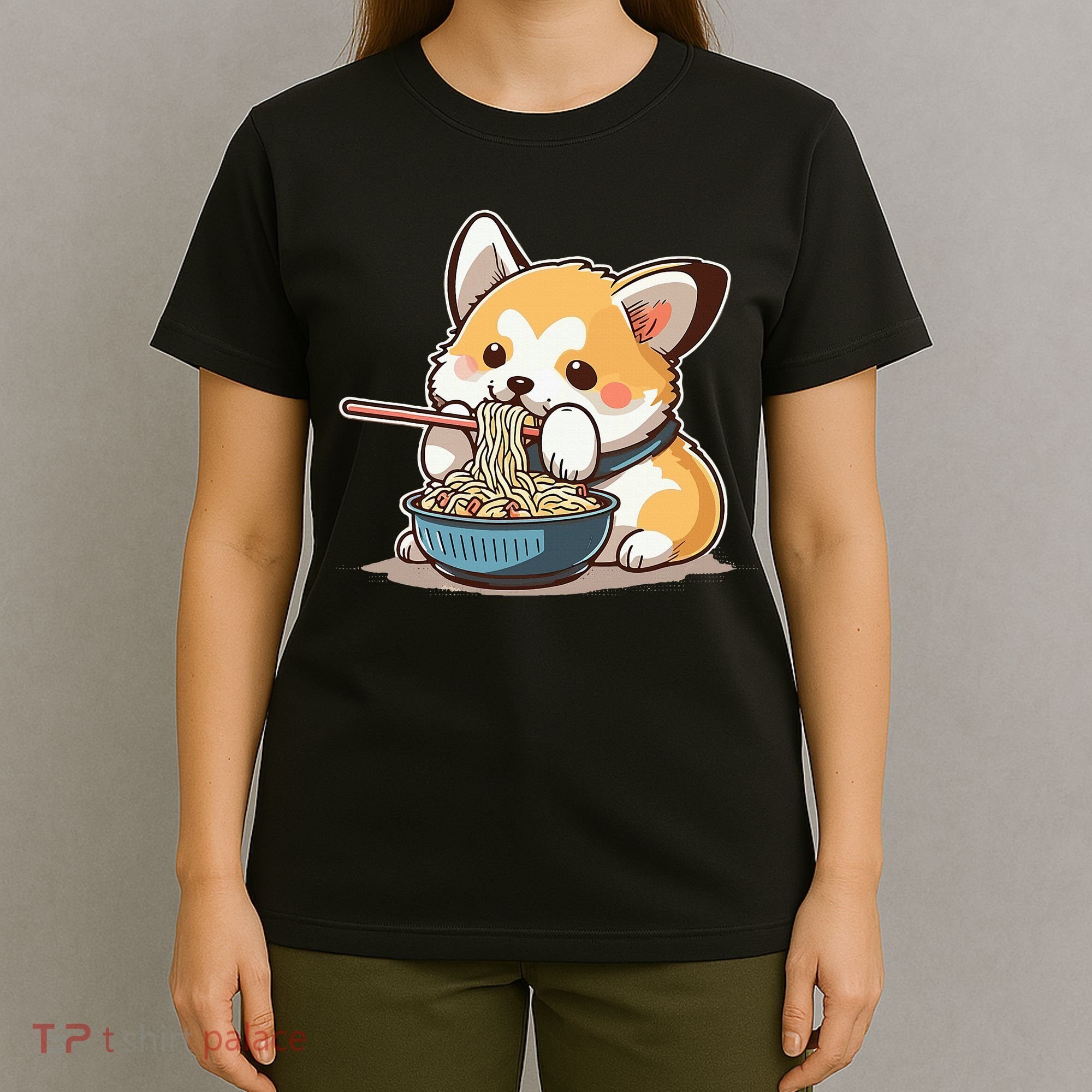 Chubby Corgi Dog Anime Eating Ramen Cute T-Shirt