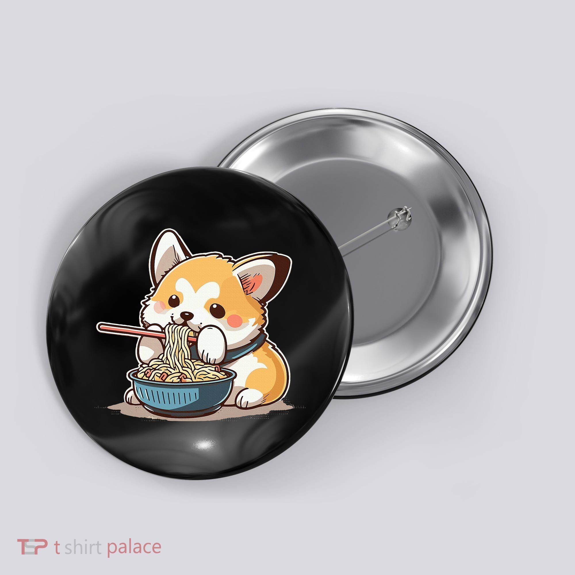 Chubby Corgi Dog Anime Eating Ramen Cute Button