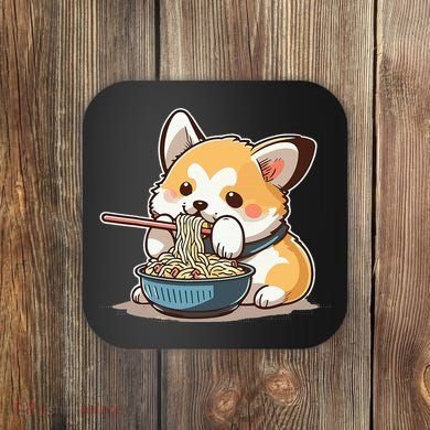 Chubby Corgi Dog Anime Eating Ramen Cute Coaster