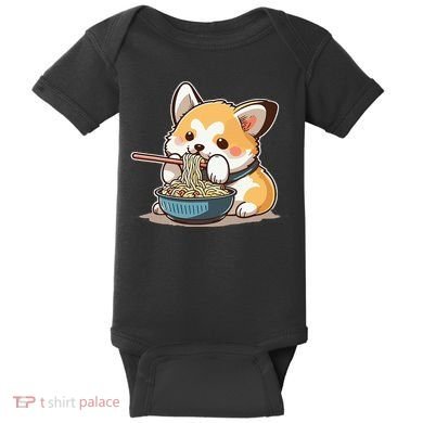 Chubby Corgi Dog Anime Eating Ramen Cute Baby Bodysuit
