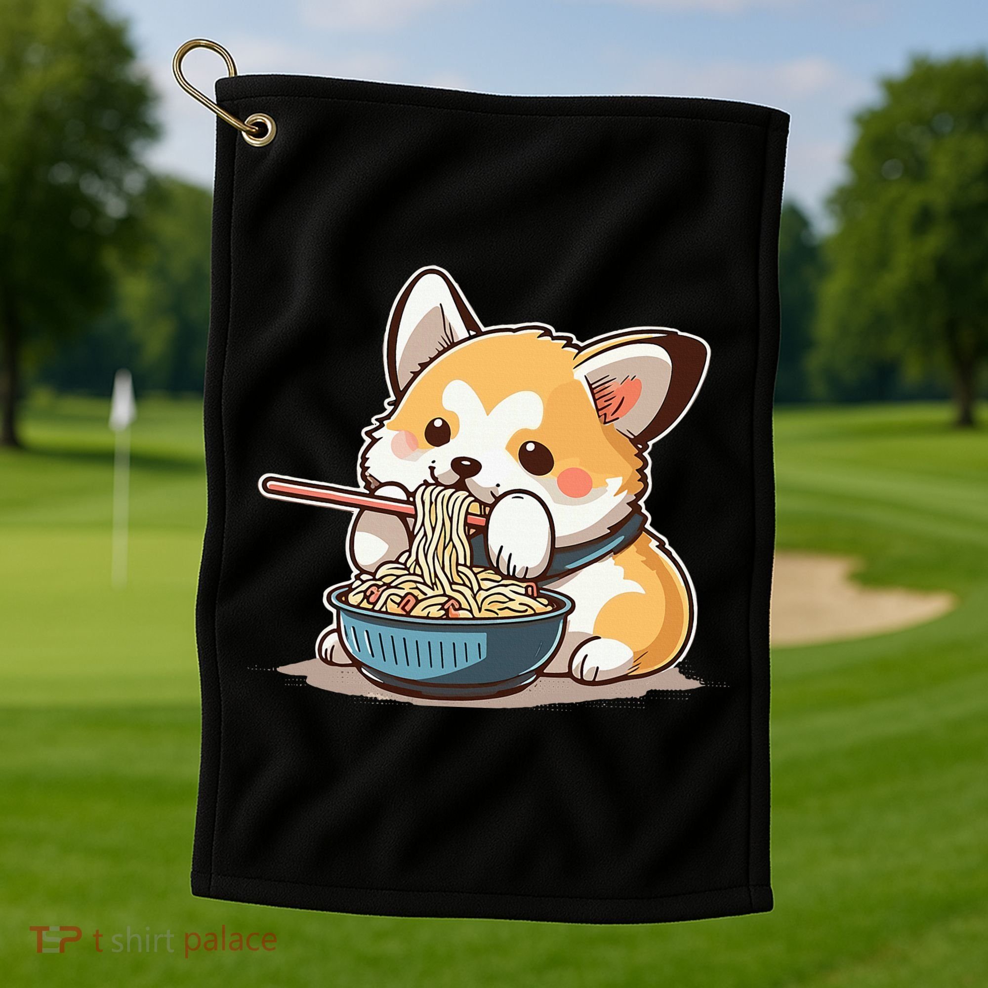 Chubby Corgi Dog Anime Eating Ramen Cute Golf Towel