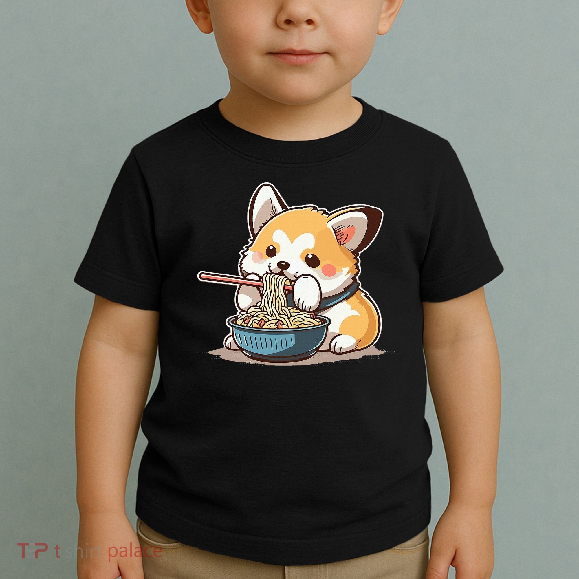 Chubby Corgi Dog Anime Eating Ramen Cute Toddler T-Shirt