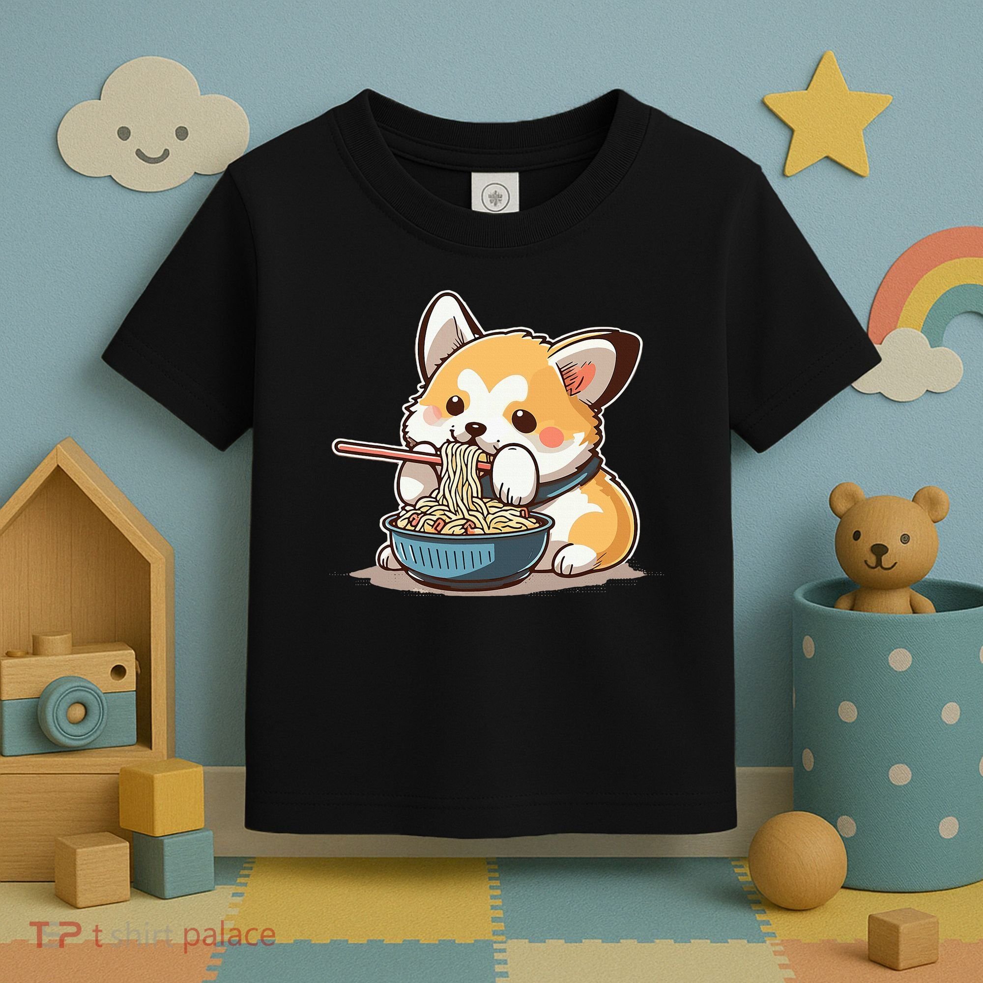 Chubby Corgi Dog Anime Eating Ramen Cute Toddler T-Shirt
