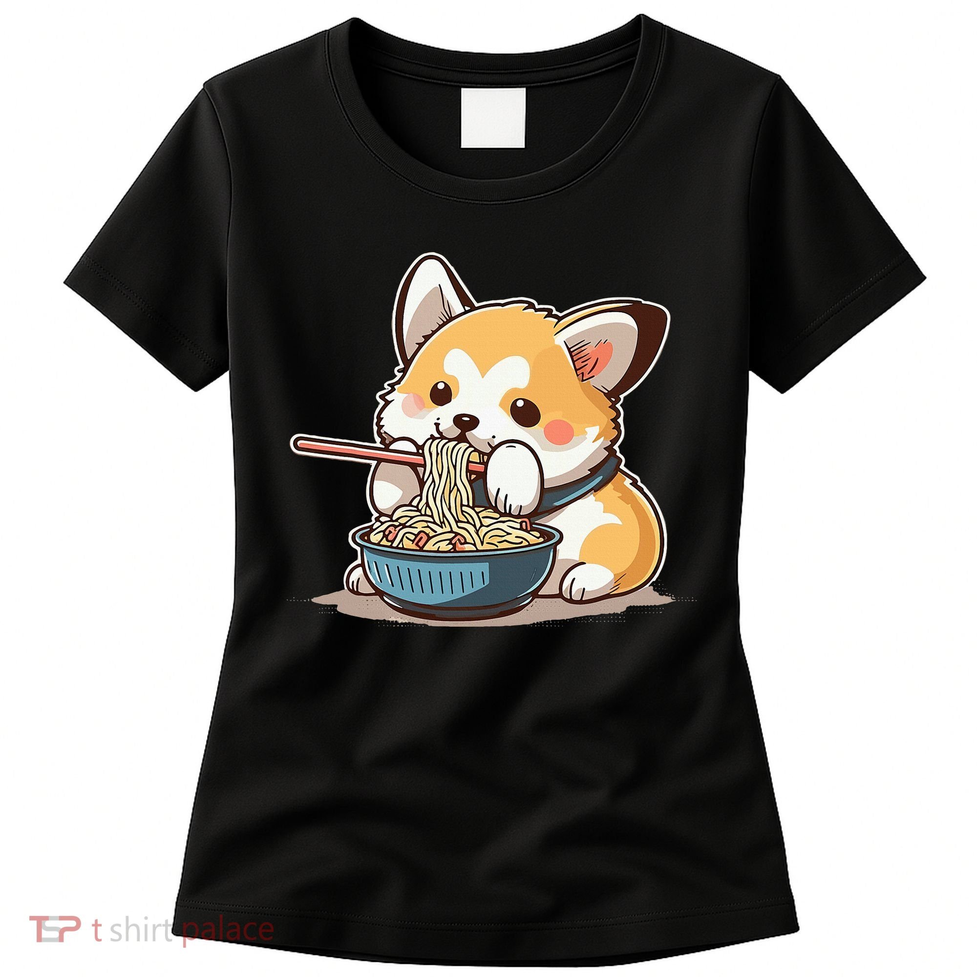 Chubby Corgi Dog Anime Eating Ramen Cute Women's T-Shirt