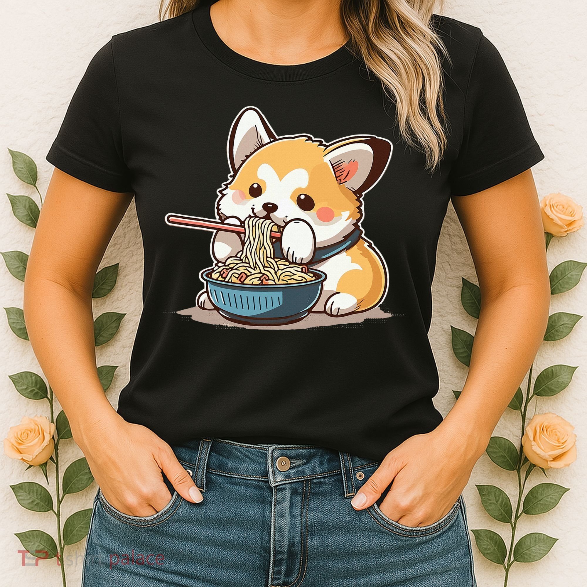 Chubby Corgi Dog Anime Eating Ramen Cute Women's T-Shirt