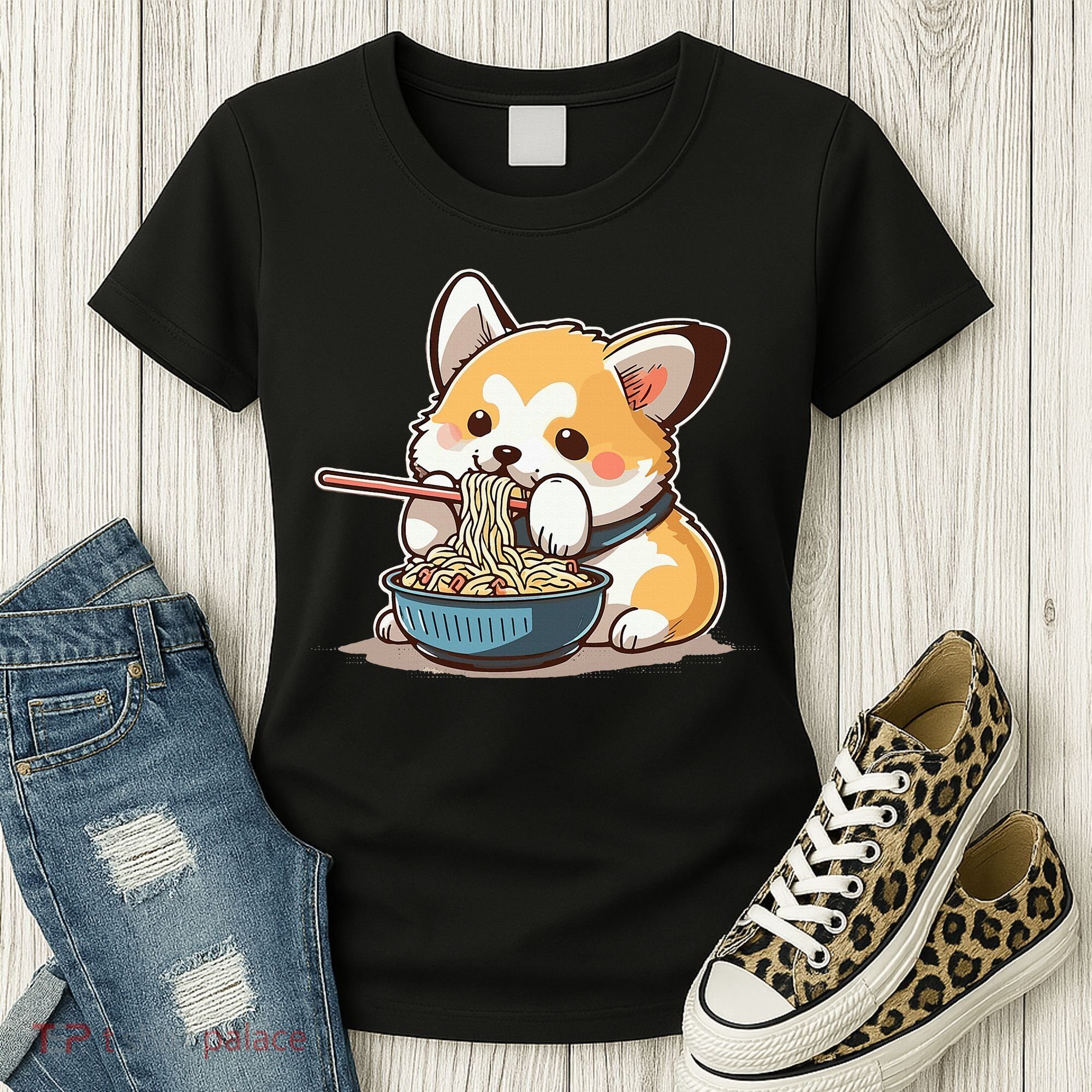 Chubby Corgi Dog Anime Eating Ramen Cute Women's T-Shirt