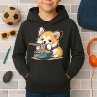 Chubby Corgi Dog Anime Eating Ramen Cute Kids Hoodie thumb 2