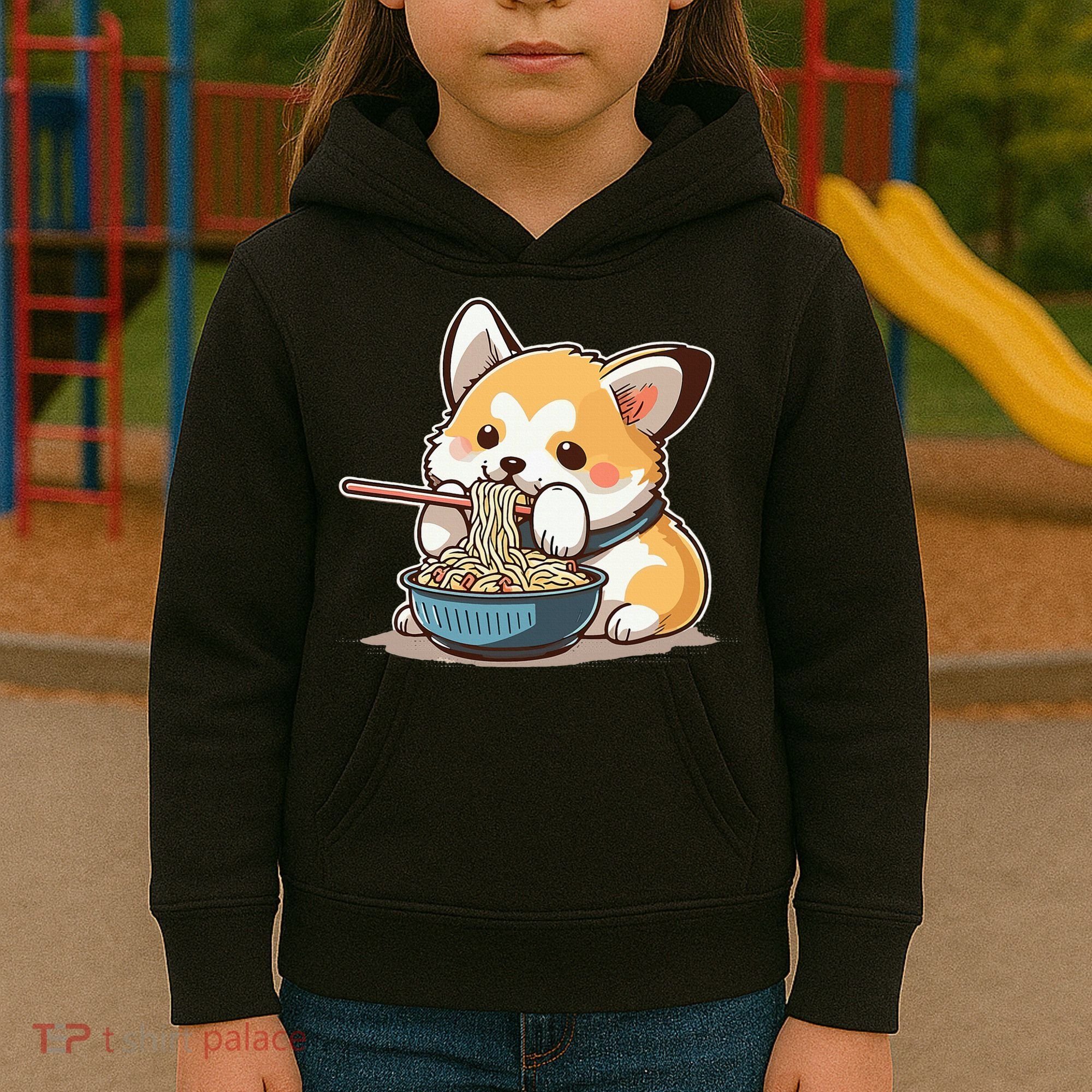 Chubby Corgi Dog Anime Eating Ramen Cute Kids Hoodie