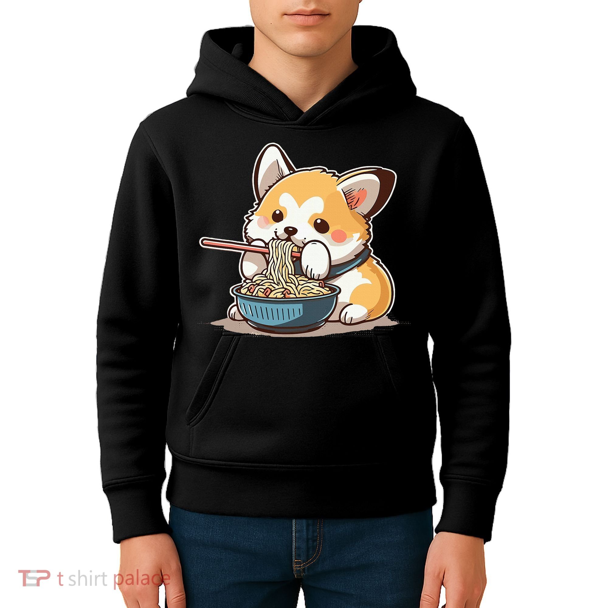 Chubby Corgi Dog Anime Eating Ramen Cute Kids Hoodie