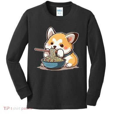 Chubby Corgi Dog Anime Eating Ramen Cute Kids Long Sleeve Shirt
