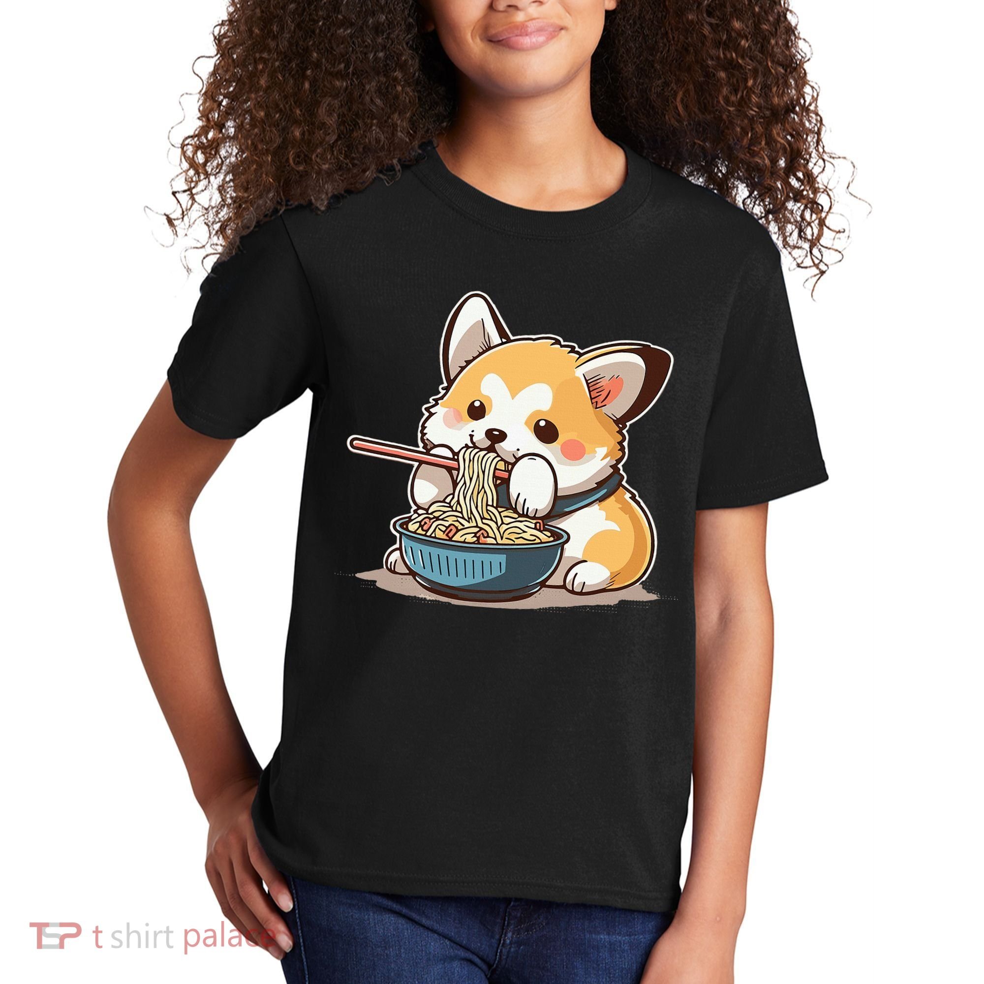 Chubby Corgi Dog Anime Eating Ramen Cute Kids T-Shirt