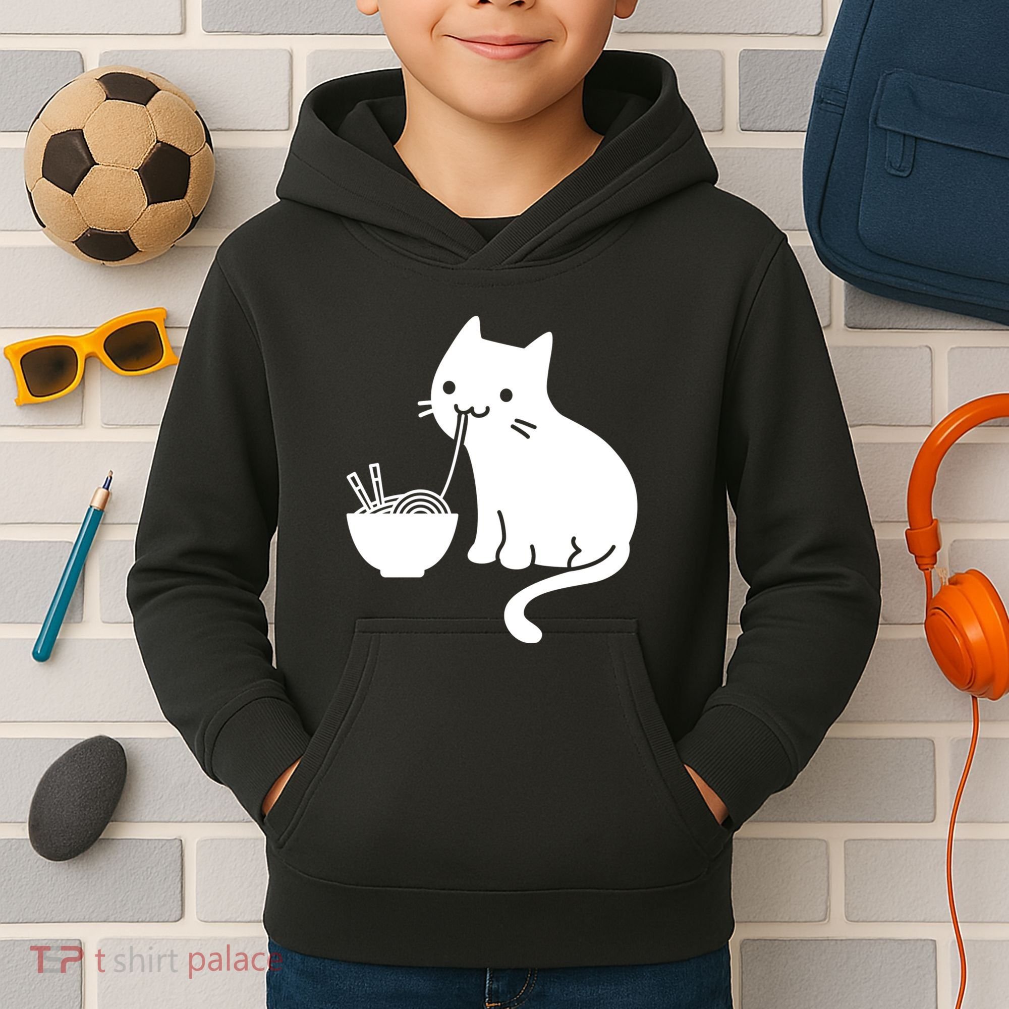 Cute Cat Eating Ramen Kids Hoodie