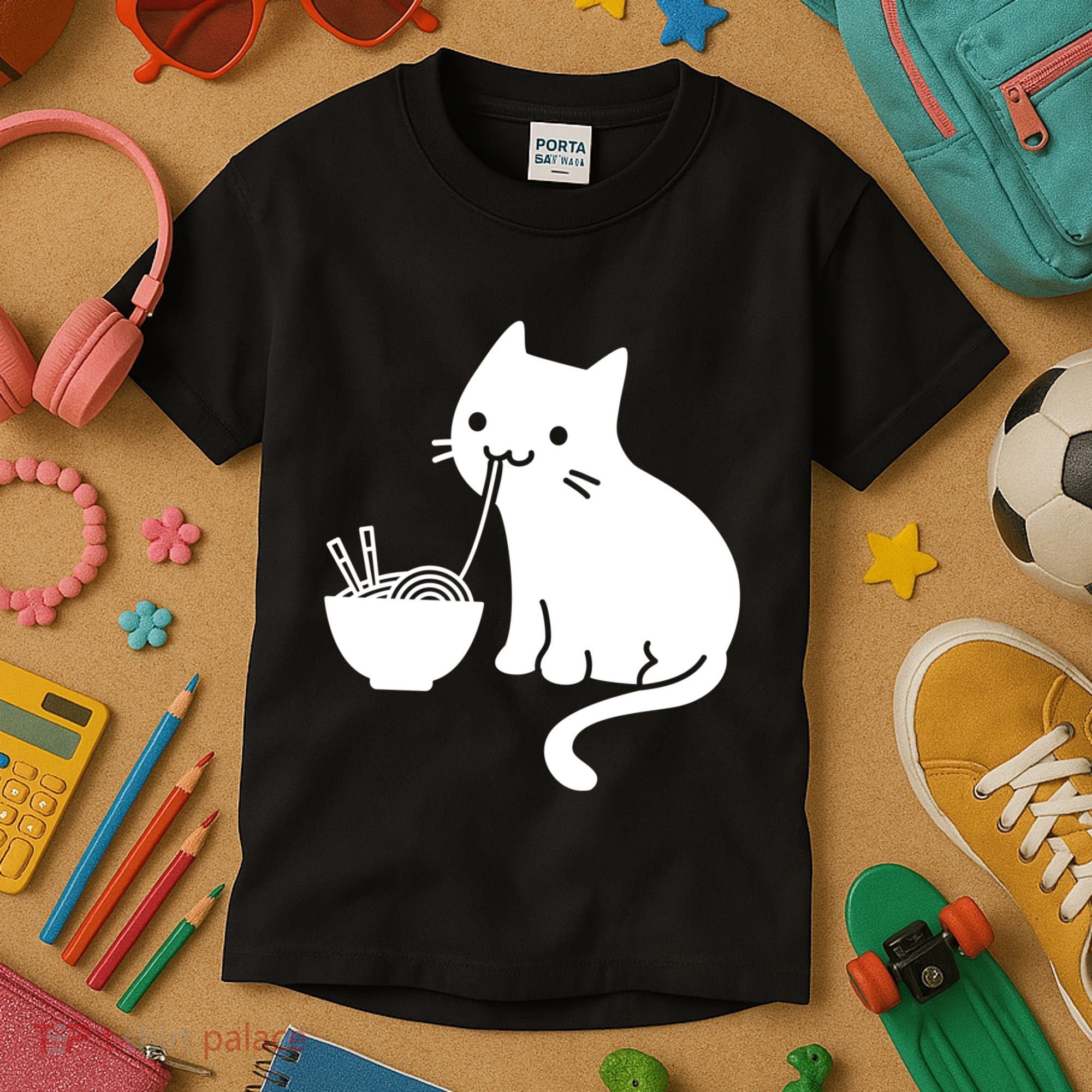 Cute Cat Eating Ramen Kids T-Shirt
