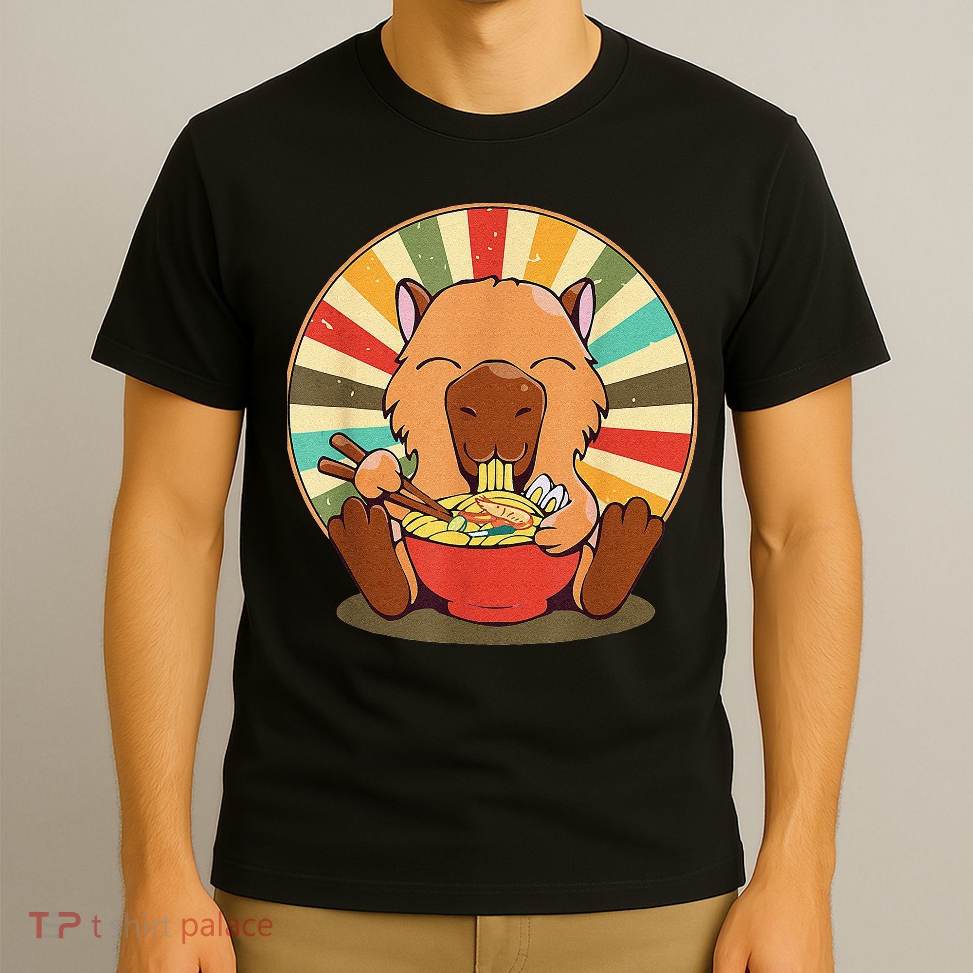Cute Capybara Eating Ra Funny Animal Anime Manga  T-Shirt
