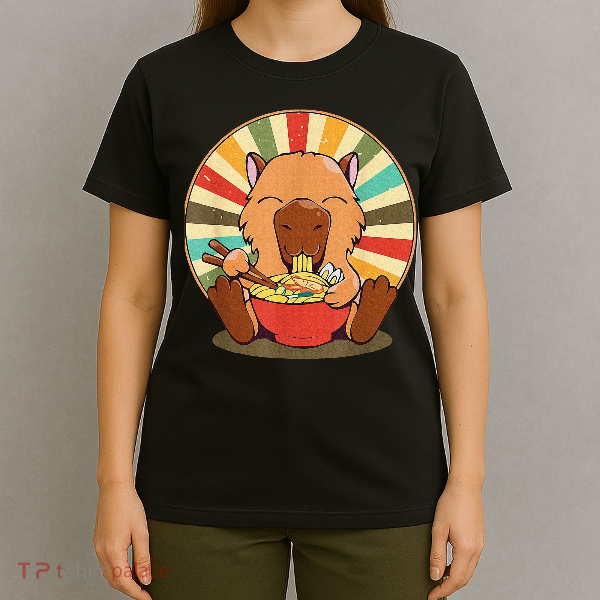 Cute Capybara Eating Ra Funny Animal Anime Manga  T-Shirt