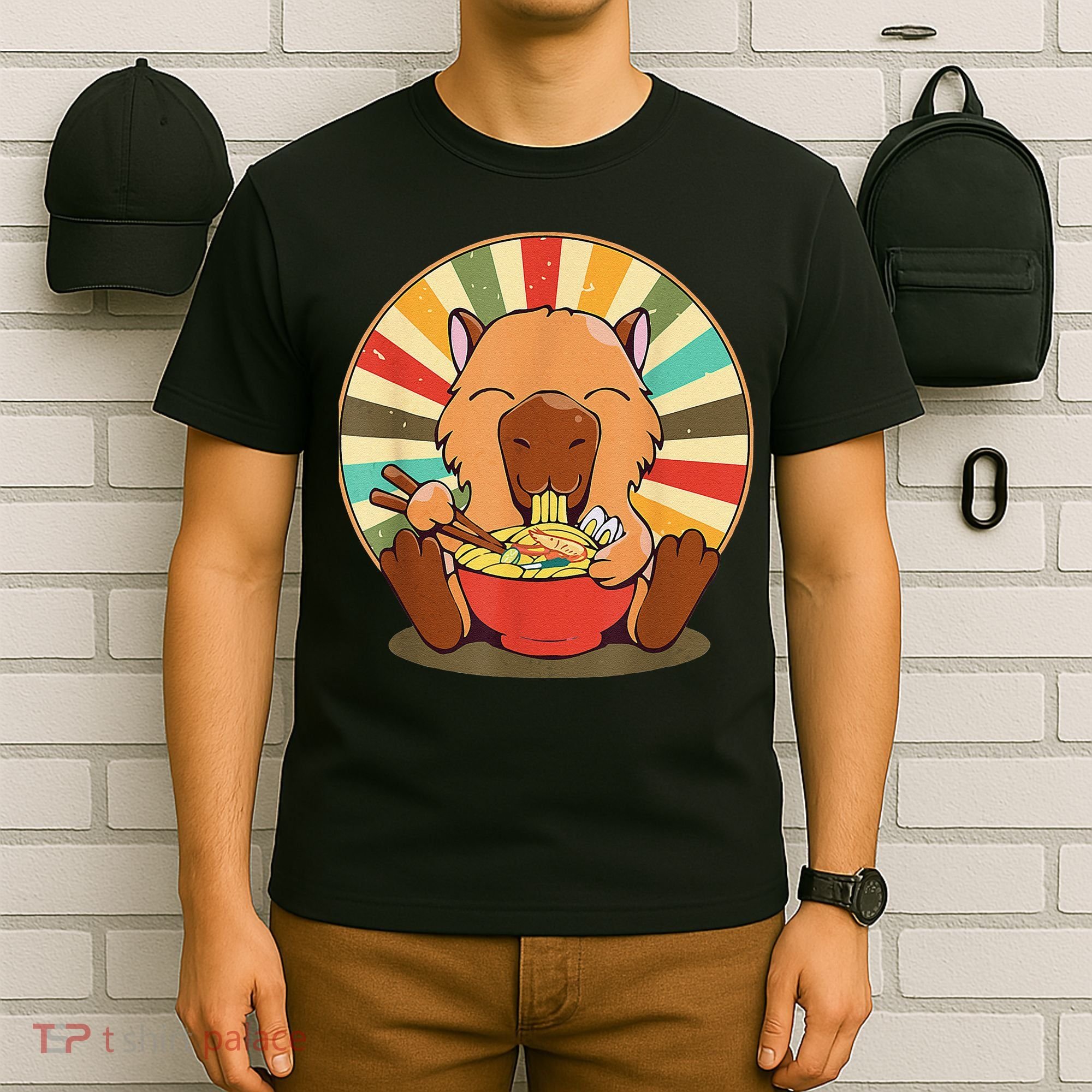 Cute Capybara Eating Ra Funny Animal Anime Manga  T-Shirt