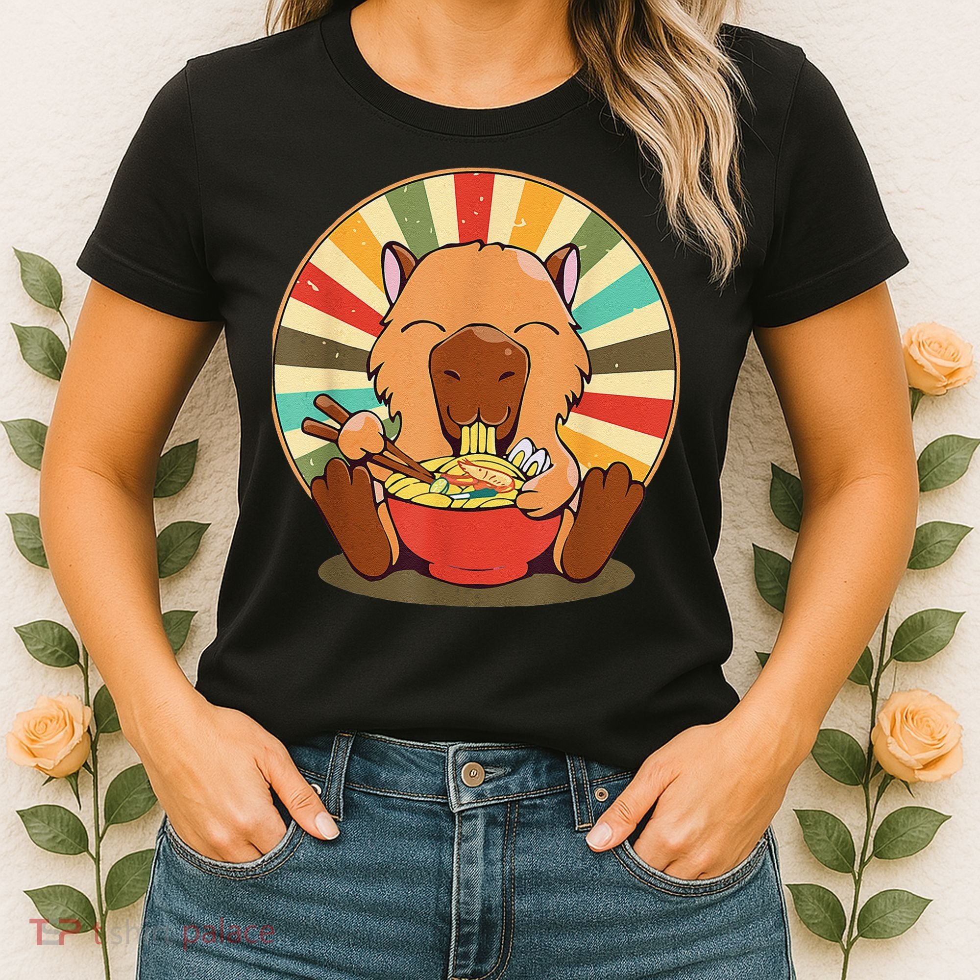Cute Capybara Eating Ra Funny Animal Anime Manga  Women's T-Shirt