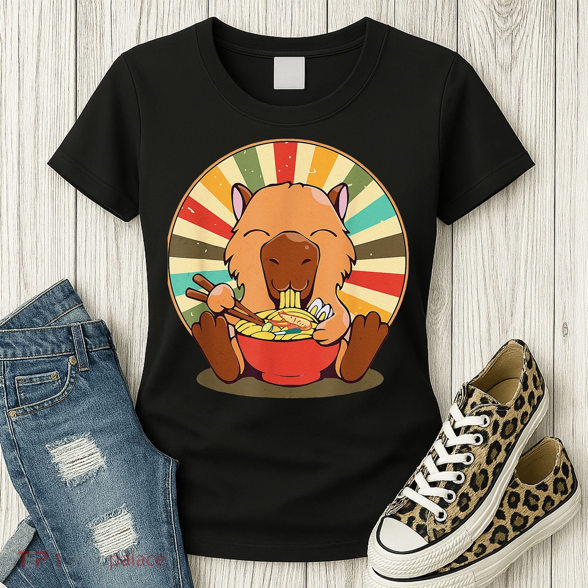 Cute Capybara Eating Ra Funny Animal Anime Manga  Women's T-Shirt