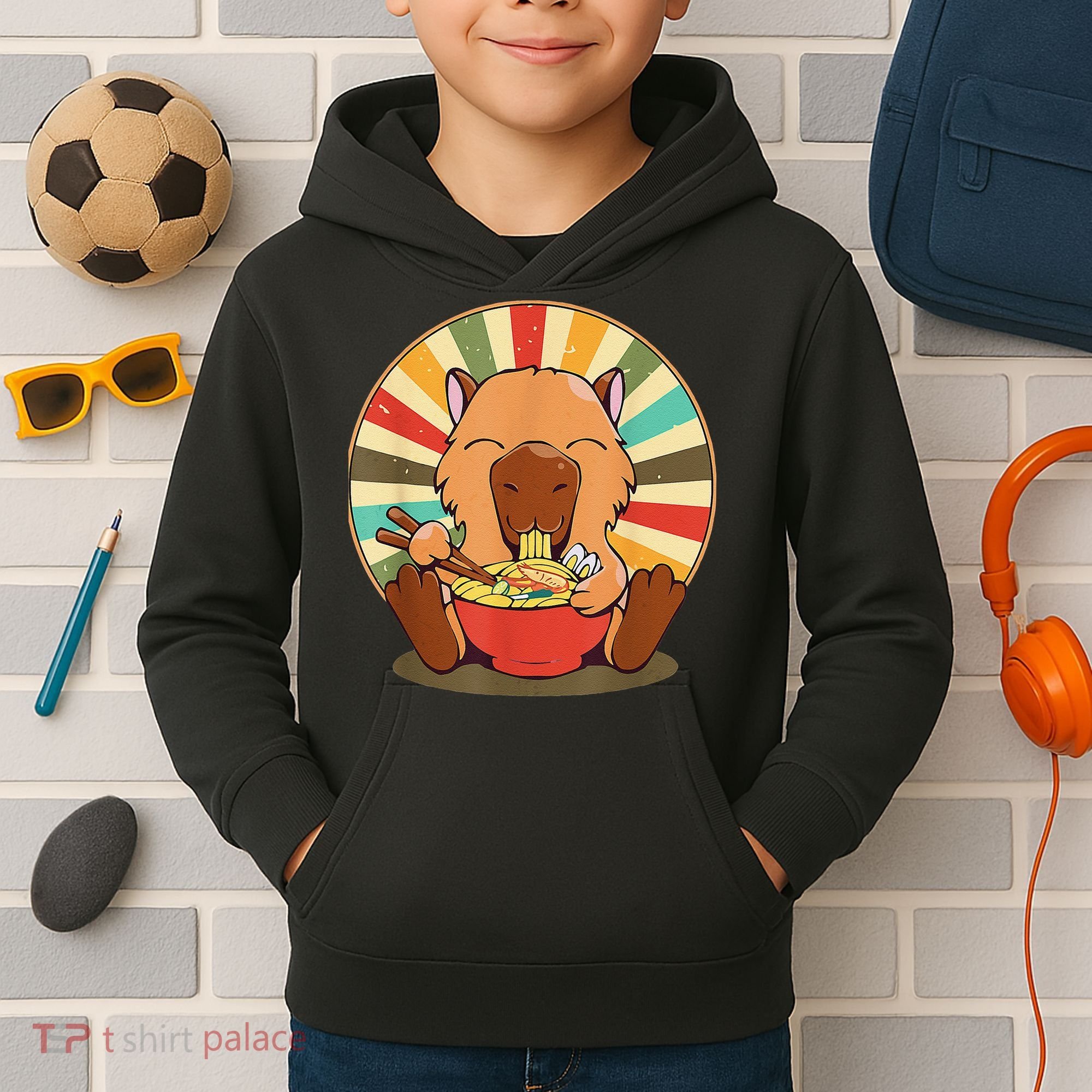 Cute Capybara Eating Ra Funny Animal Anime Manga  Kids Hoodie
