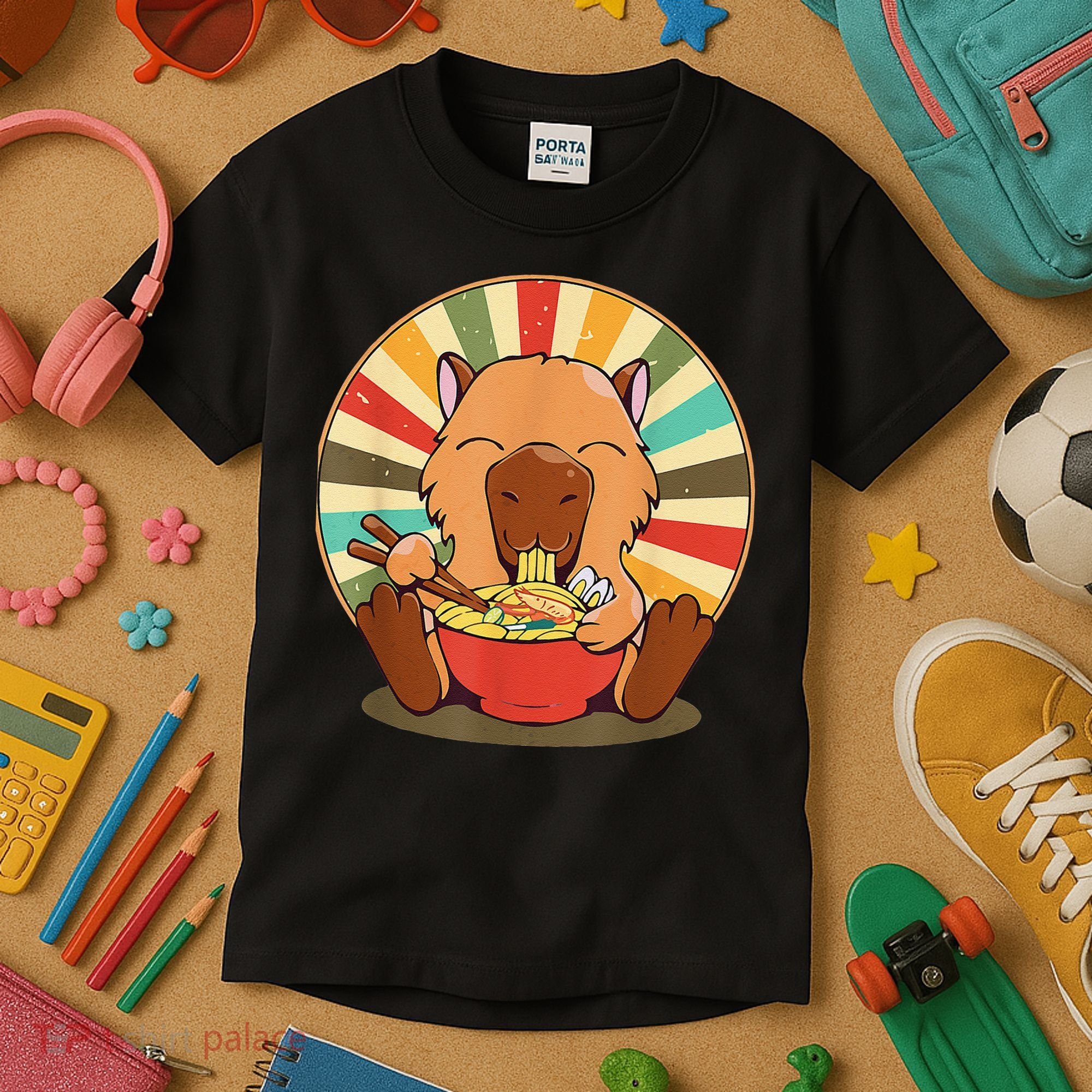 Cute Capybara Eating Ra Funny Animal Anime Manga  Kids T-Shirt