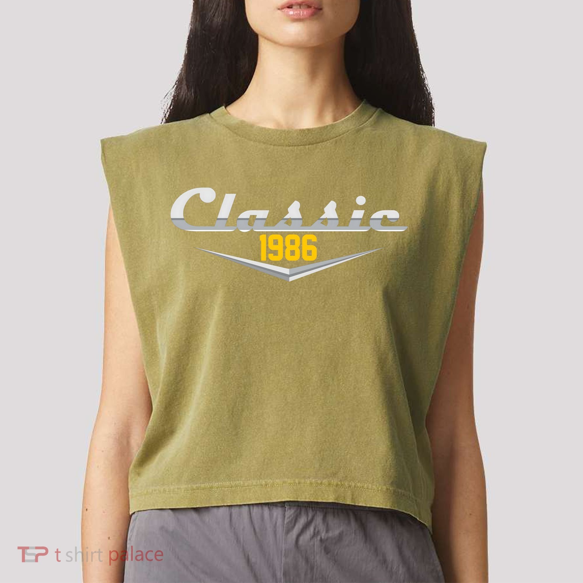 Classic Car Emblem 1986 40th Birthday Garment-Dyed Women's Muscle Tee